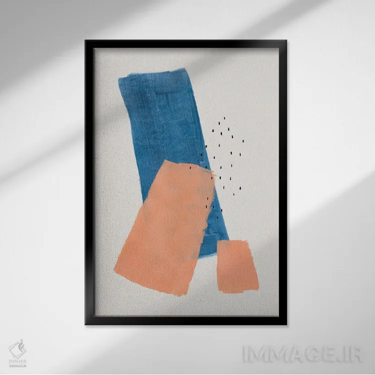 تابلو مینیمال تکه های هلویی آبی نفتی اثر ان شیپ - نمای قابدار مشکی