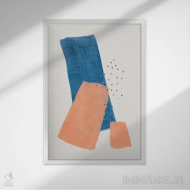 تابلو مینیمال تکه های هلویی آبی نفتی اثر ان شیپ - نمای قابدار سفید