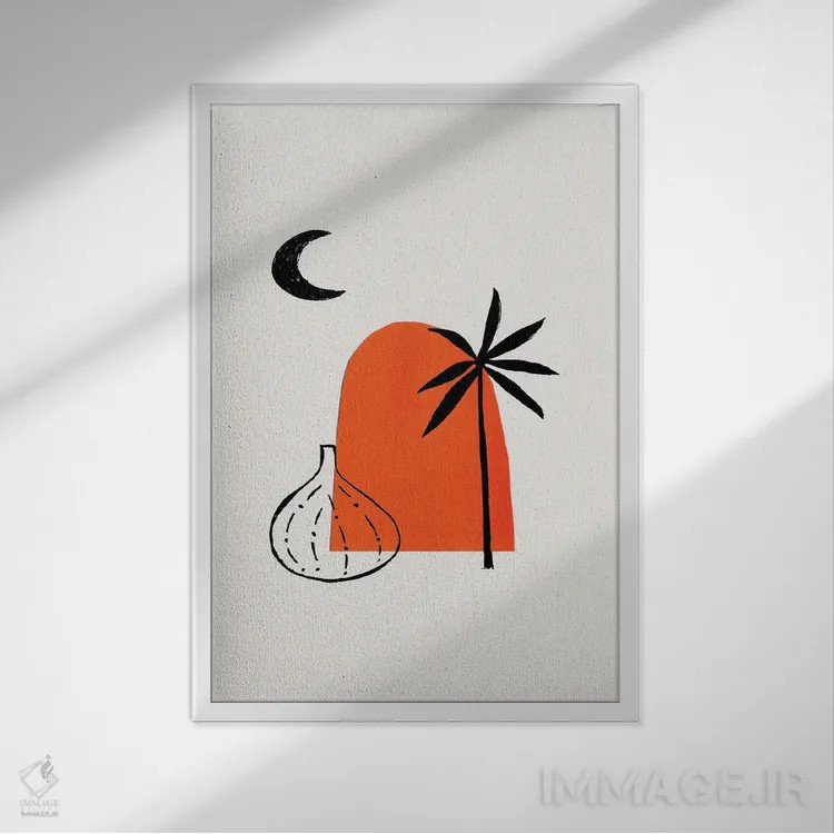 تابلو مینیمال گلدان با نخل و ویرانه های باستانی اثر ان شیپ - نمای قابدار سفید