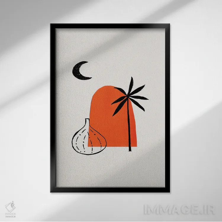 تابلو مینیمال گلدان با نخل و ویرانه های باستانی اثر ان شیپ - نمای قابدار مشکی