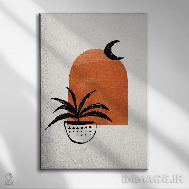 تابلو مینیمال گیاه ماه با رنگ قهوه ای خام اثر ان شیپ - نمای روبهرو روی دیوار