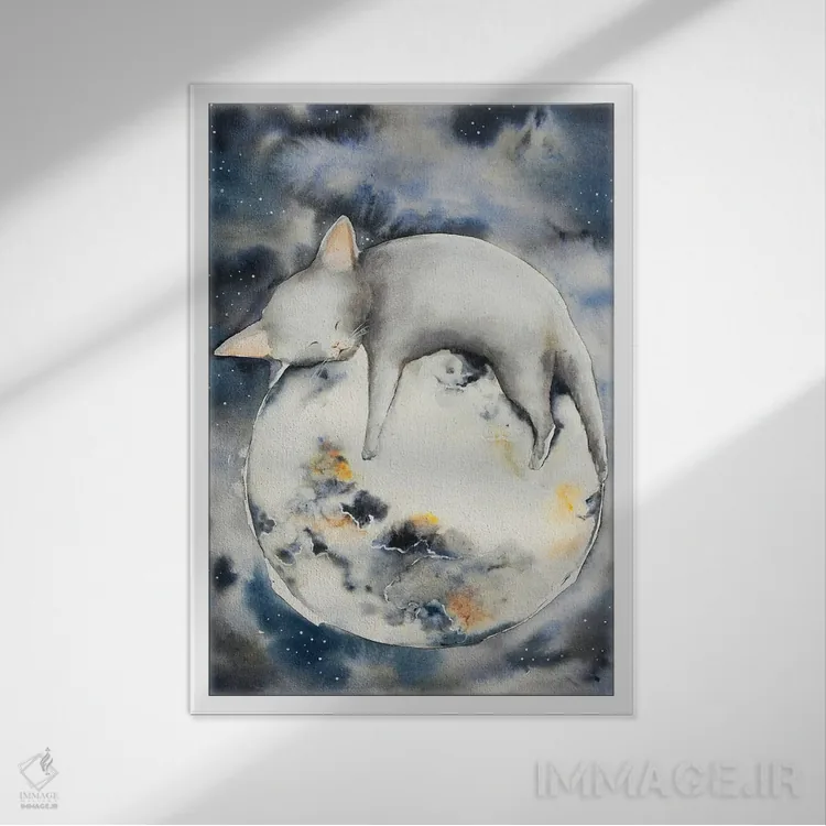 تابلو دکوراتیو خوابیدن روی ماه اثر اوگنیا اسمیرنوا - نمای قابدار سفید