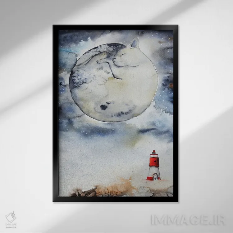 تابلو دکوراتیو گربه ماه اثر اوگنیا اسمیرنوا - نمای قابدار مشکی