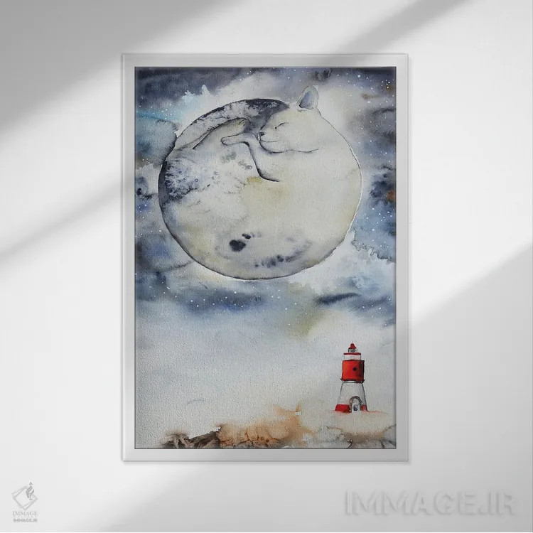 تابلو دکوراتیو گربه ماه اثر اوگنیا اسمیرنوا - نمای قابدار سفید