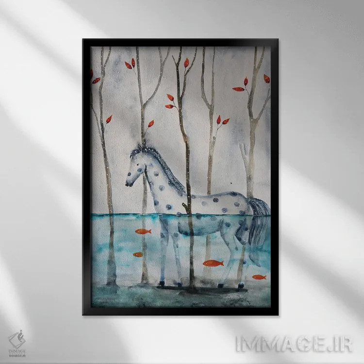 تابلو دکوراتیو اسب زمستانی اثر اوگنیا اسمیرنوا - نمای قابدار مشکی
