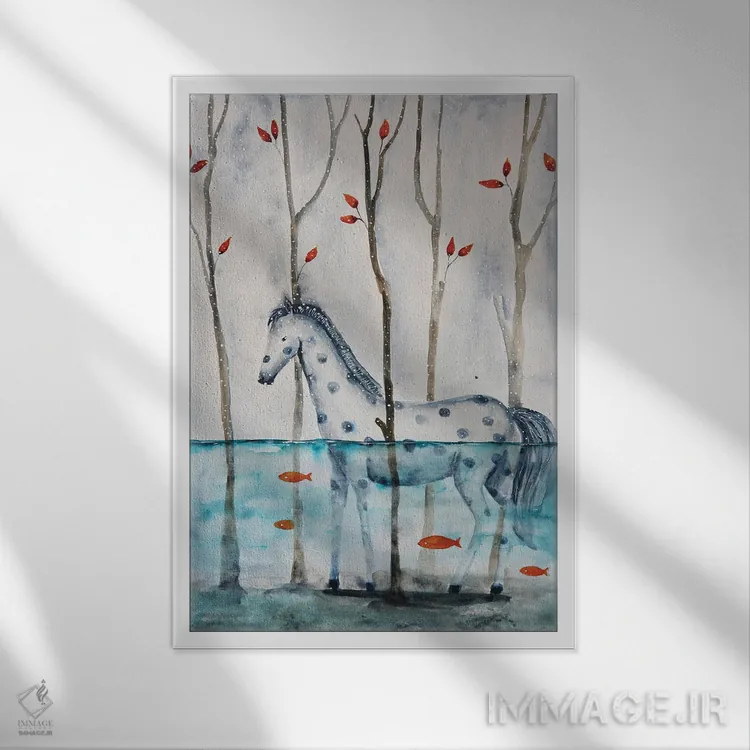 تابلو دکوراتیو اسب زمستانی اثر اوگنیا اسمیرنوا - نمای قابدار سفید