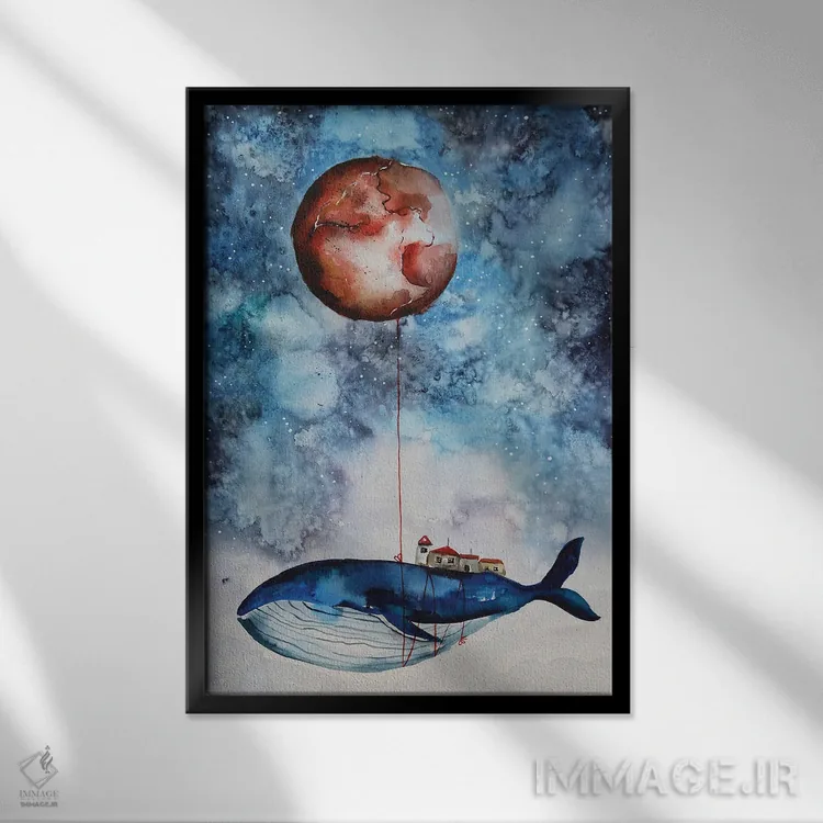 تابلو دکوراتیو نهنگ و ماه سرخ اثر اوگنیا اسمیرنوا - نمای قابدار مشکی