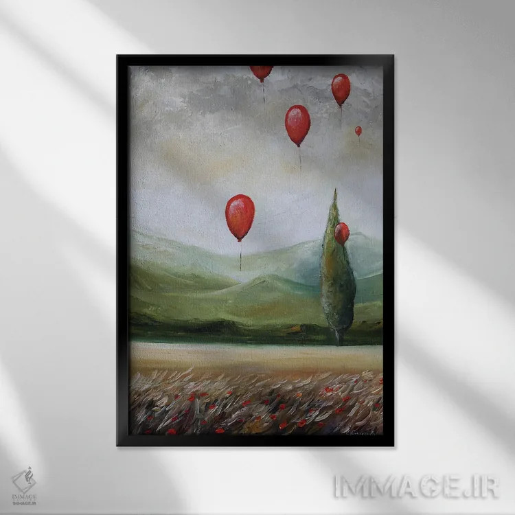 تابلو دکوراتیو منظره با بادکنک های قرمز اثر اوگنیا اسمیرنوا - نمای قابدار مشکی