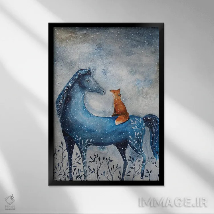 تابلو دکوراتیو اسب آبی اثر اوگنیا اسمیرنوا - نمای قابدار مشکی