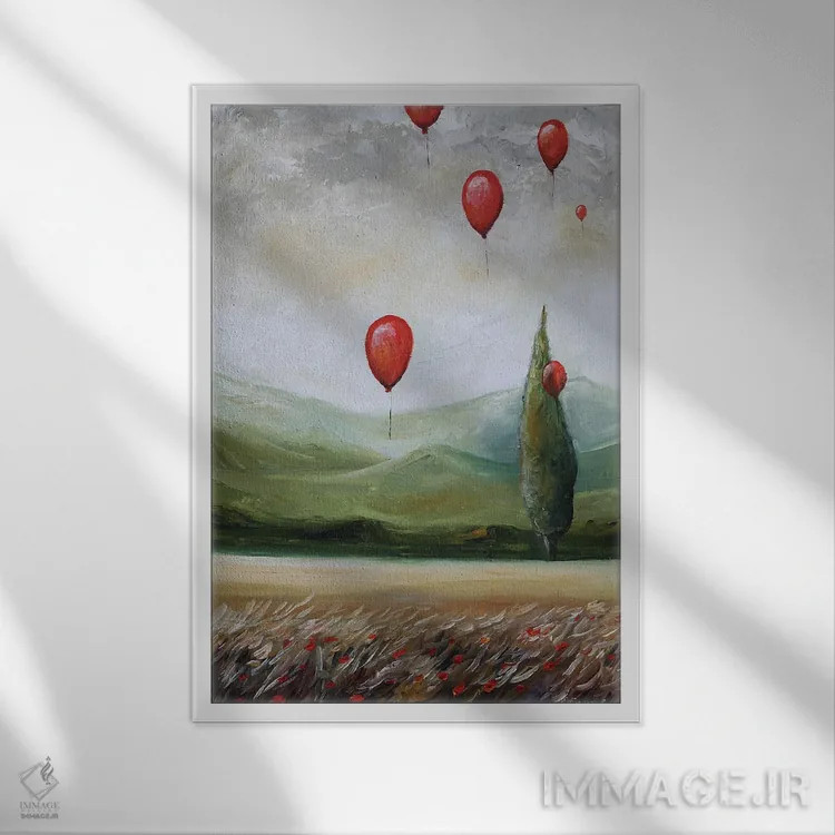 تابلو دکوراتیو منظره با بادکنک های قرمز اثر اوگنیا اسمیرنوا - نمای قابدار سفید