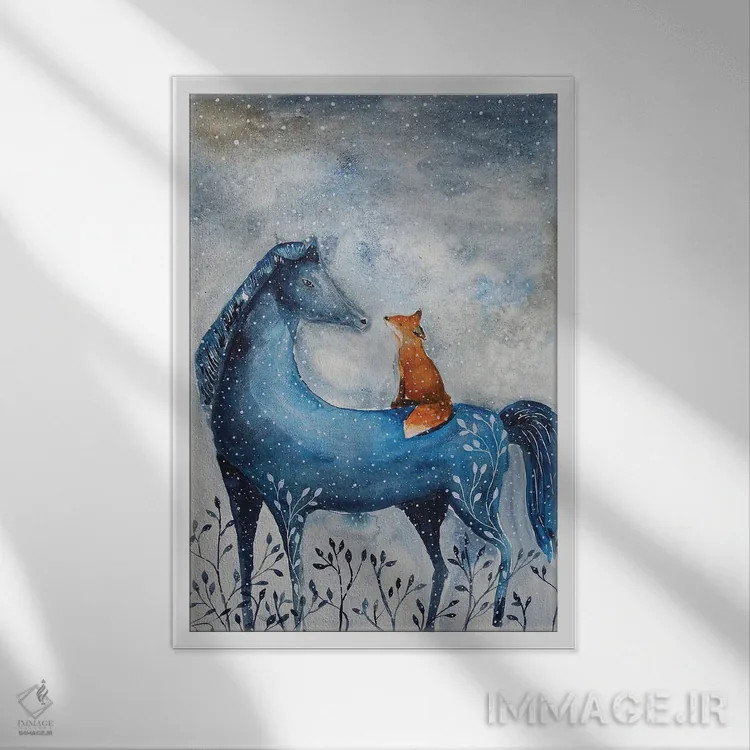 تابلو دکوراتیو اسب آبی اثر اوگنیا اسمیرنوا - نمای قابدار سفید