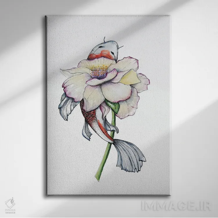 تابلو دکوراتیو گل صدتومانی و ماهی کوی اثر اوگنیا اسمیرنوا - نمای روبهرو روی دیوار