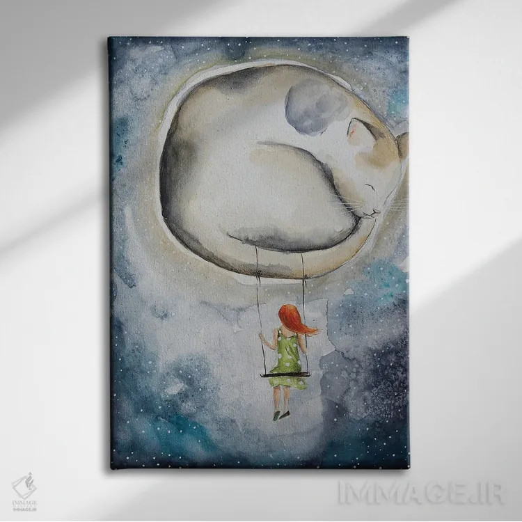 تابلو دکوراتیو ماه و گربه اثر اوگنیا اسمیرنوا - نمای روبهرو روی دیوار