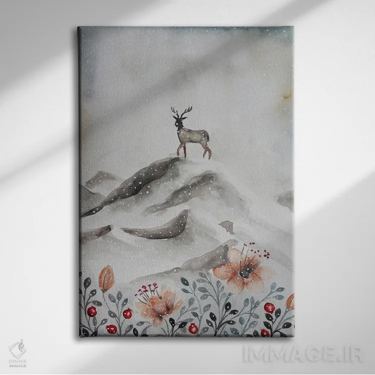 تابلو دکوراتیو گوزن روی کوه اثر اوگنیا اسمیرنوا - نمای روبهرو روی دیوار