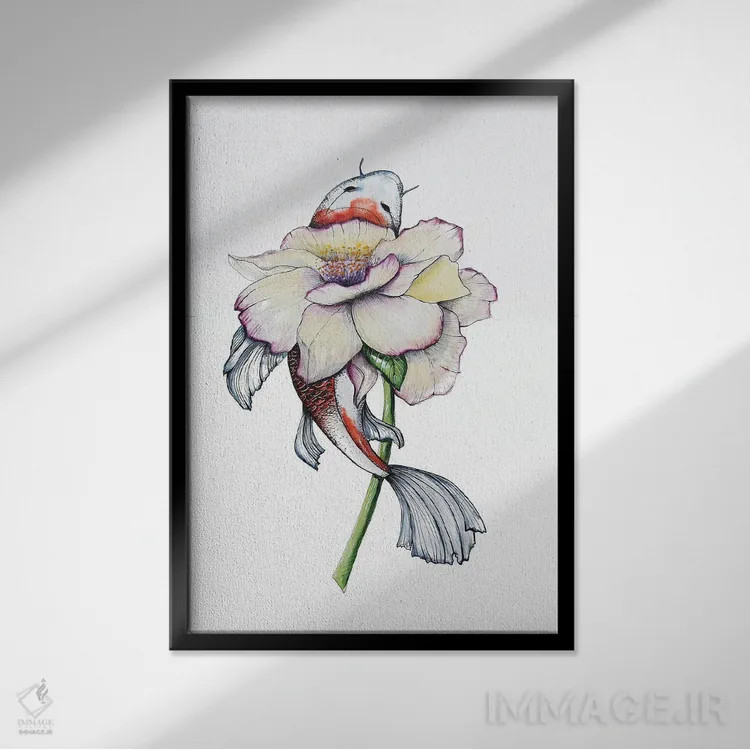 تابلو دکوراتیو گل صدتومانی و ماهی کوی اثر اوگنیا اسمیرنوا - نمای قابدار مشکی