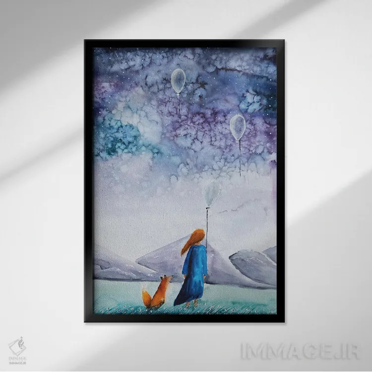 تابلو دکوراتیو دختر و روباه اثر اوگنیا اسمیرنوا - نمای قابدار مشکی