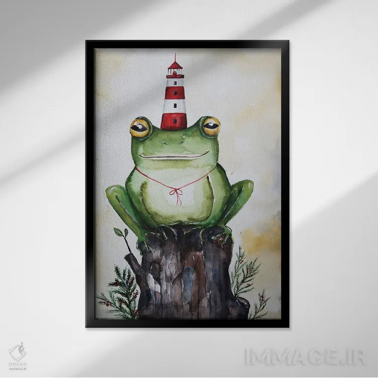 تابلو دکوراتیو قورباغه و فانوس دریایی اثر اوگنیا اسمیرنوا - نمای قابدار مشکی