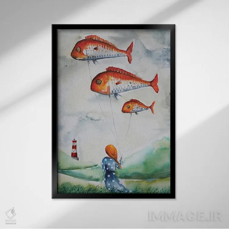 تابلو دکوراتیو دختر با ماهی ها اثر اوگنیا اسمیرنوا - نمای قابدار مشکی