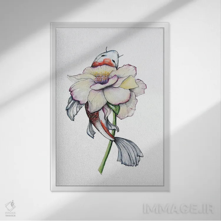تابلو دکوراتیو گل صدتومانی و ماهی کوی اثر اوگنیا اسمیرنوا - نمای قابدار سفید