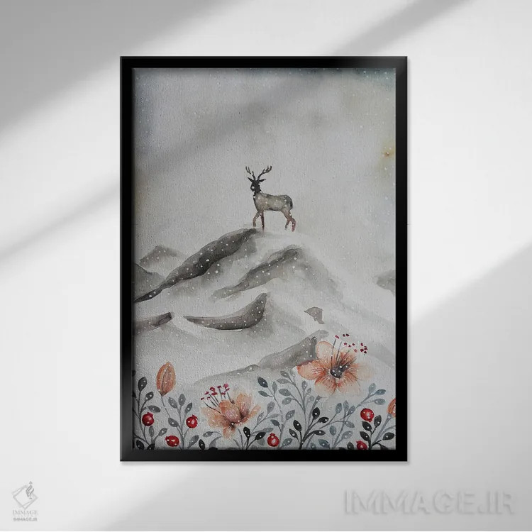 تابلو دکوراتیو گوزن روی کوه اثر اوگنیا اسمیرنوا - نمای قابدار مشکی