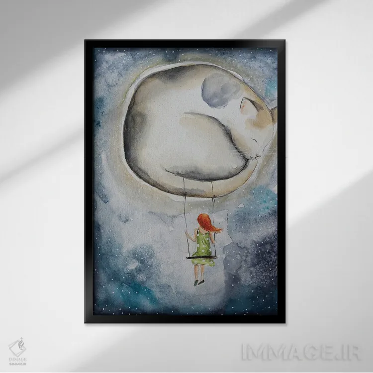 تابلو دکوراتیو ماه و گربه اثر اوگنیا اسمیرنوا - نمای قابدار مشکی