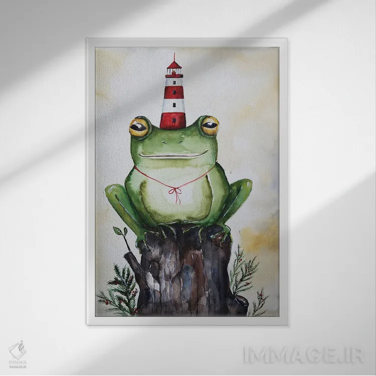 تابلو دکوراتیو قورباغه و فانوس دریایی اثر اوگنیا اسمیرنوا - نمای قابدار سفید