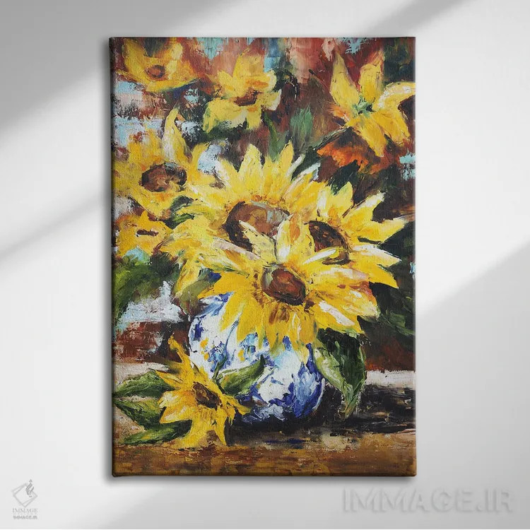 تابلو دکوراتیو آفتابگردان ها در گلدان اثر اوگنیا اسمیرنوا - نمای روبهرو روی دیوار
