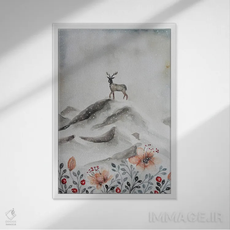 تابلو دکوراتیو گوزن روی کوه اثر اوگنیا اسمیرنوا - نمای قابدار سفید