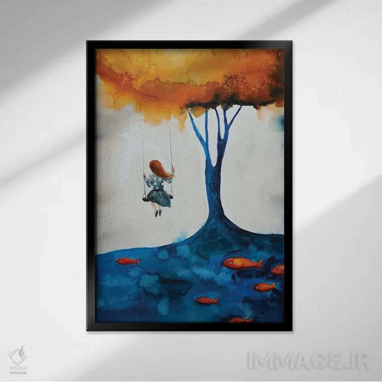 تابلو دکوراتیو دختر روی تاب اثر اوگنیا اسمیرنوا - نمای قابدار مشکی