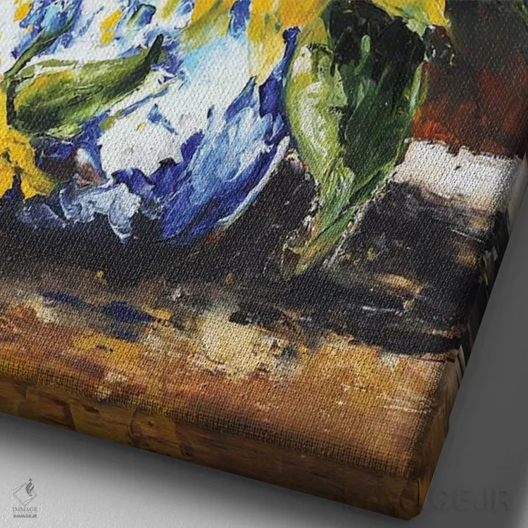 تابلو دکوراتیو آفتابگردان ها در گلدان اثر اوگنیا اسمیرنوا - نمای نزدیک بافت بوم