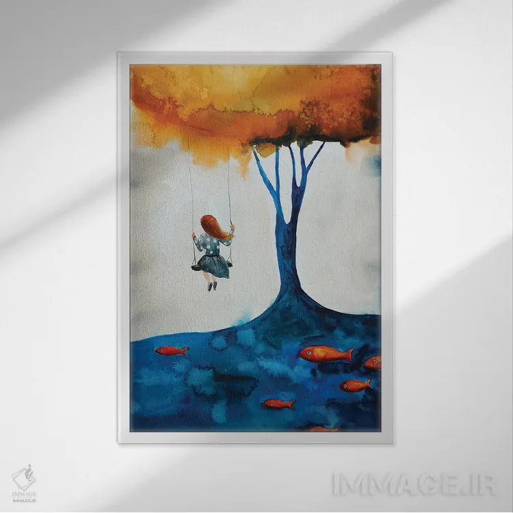 تابلو دکوراتیو دختر روی تاب اثر اوگنیا اسمیرنوا - نمای قابدار سفید