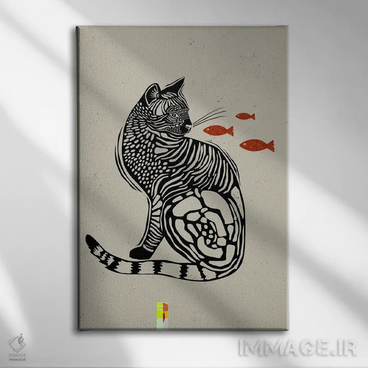 تابلو دکوراتیو گربه به سبک لینوکات اثر اوگنیا اسمیرنوا - نمای روبهرو روی دیوار