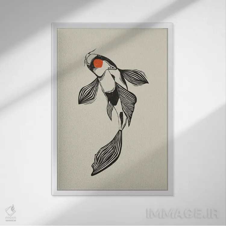 تابلو دکوراتیو ماهی کوی به سبک لینوکات ۱ اثر اوگنیا اسمیرنوا - نمای قابدار سفید