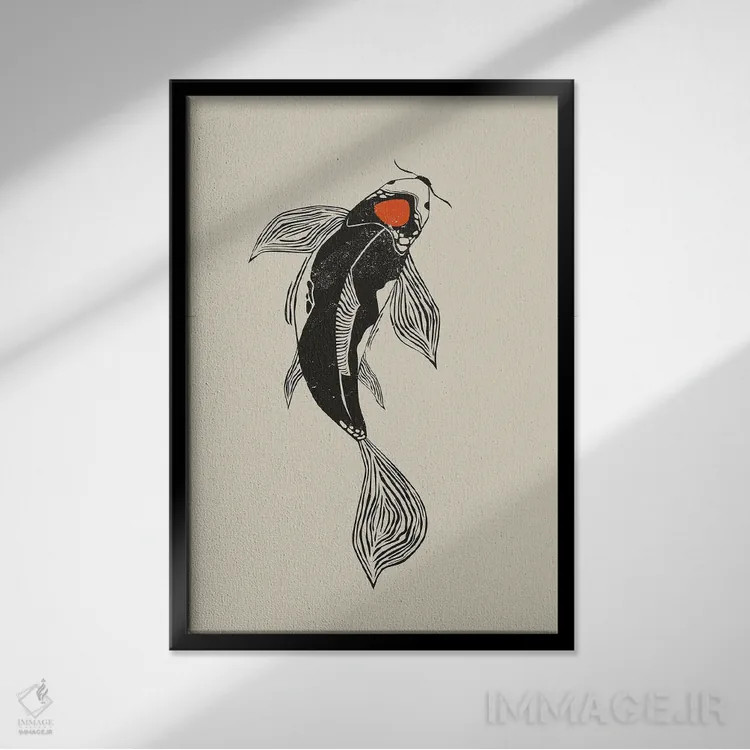 تابلو دکوراتیو ماهی کوی به سبک لینوکات ۲ اثر اوگنیا اسمیرنوا - نمای قابدار مشکی