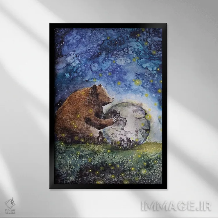 تابلو دکوراتیو خرس با ماه اثر اوگنیا اسمیرنوا - نمای قابدار مشکی