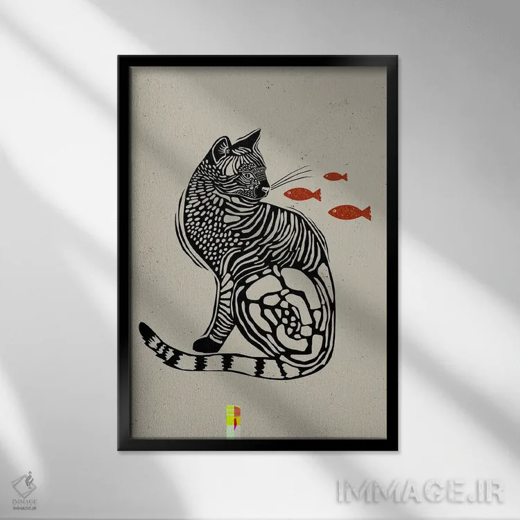 تابلو دکوراتیو گربه به سبک لینوکات اثر اوگنیا اسمیرنوا - نمای قابدار مشکی