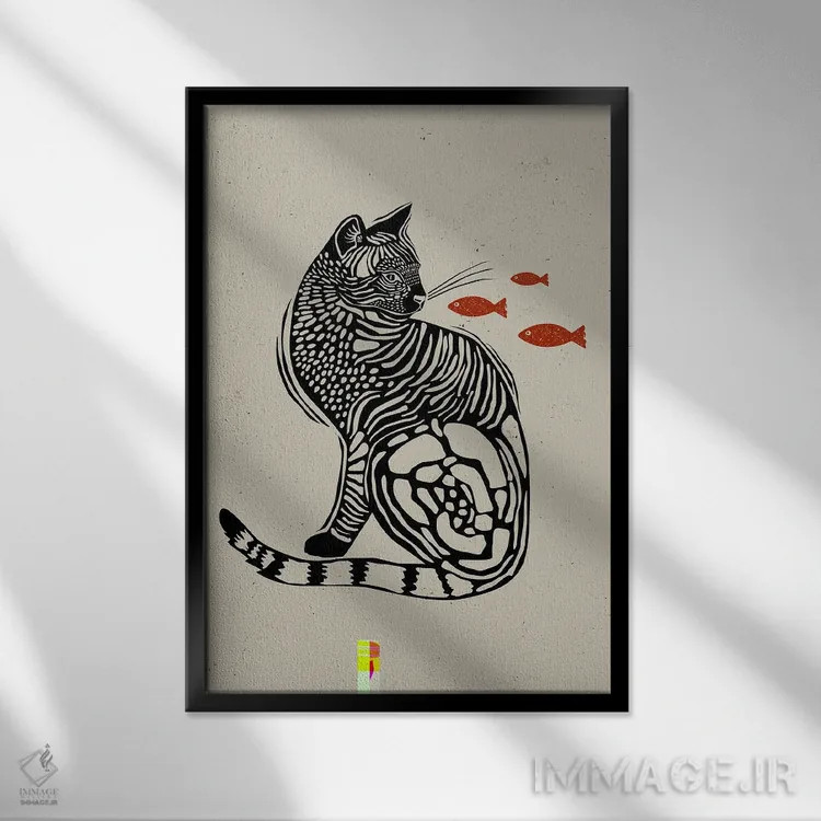 تابلو دکوراتیو گربه به سبک لینوکات اثر اوگنیا اسمیرنوا - نمای قابدار مشکی