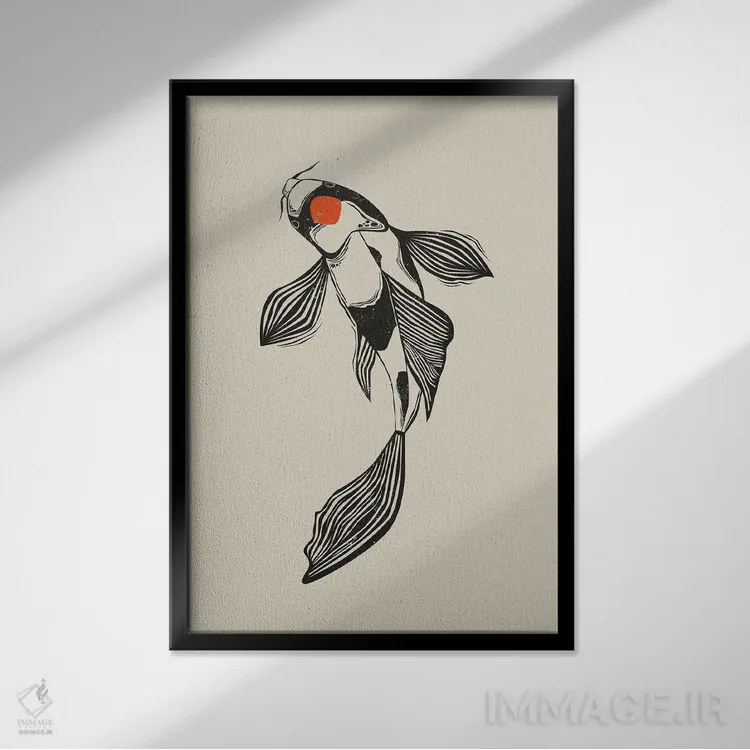 تابلو دکوراتیو ماهی کوی به سبک لینوکات ۱ اثر اوگنیا اسمیرنوا - نمای قابدار مشکی