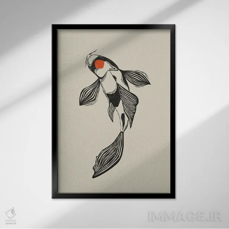 تابلو دکوراتیو ماهی کوی به سبک لینوکات ۱ اثر اوگنیا اسمیرنوا - نمای قابدار مشکی