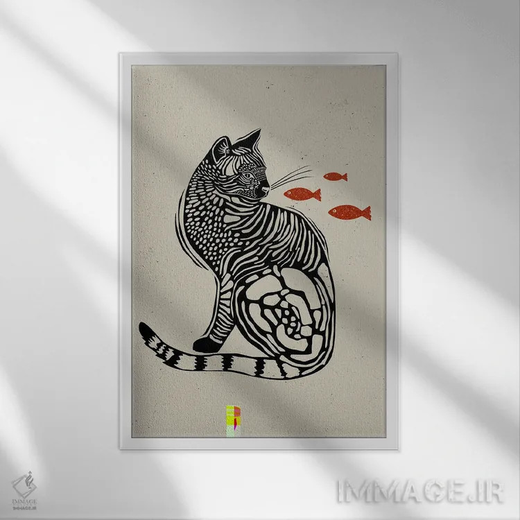 تابلو دکوراتیو گربه به سبک لینوکات اثر اوگنیا اسمیرنوا - نمای قابدار سفید