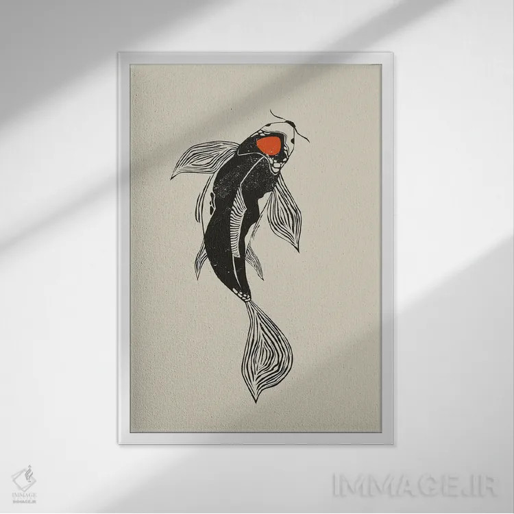 تابلو دکوراتیو ماهی کوی به سبک لینوکات ۲ اثر اوگنیا اسمیرنوا - نمای قابدار سفید