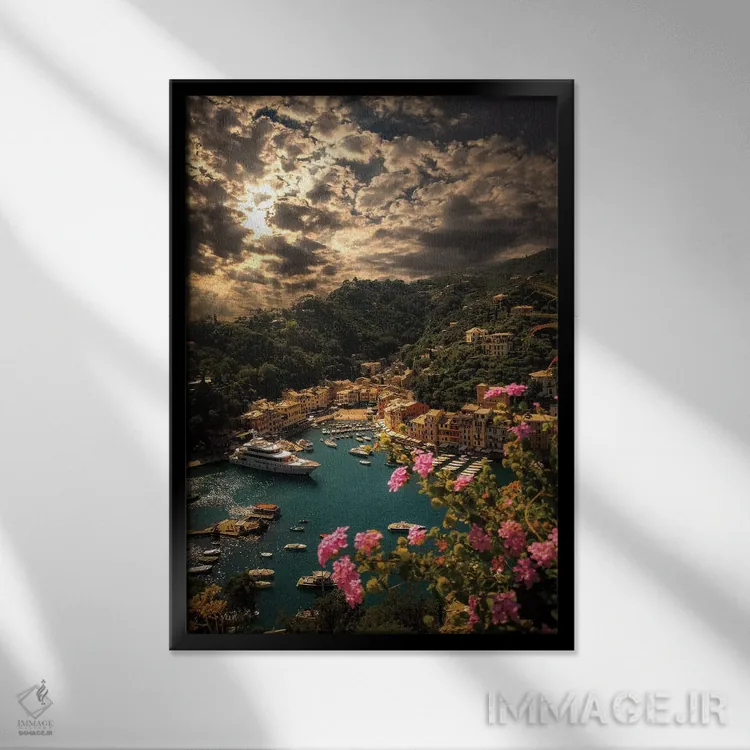 تابلو دکوراتیو نمای پانورامای پورتوفینو اثر انزو رومانو - نمای قابدار مشکی