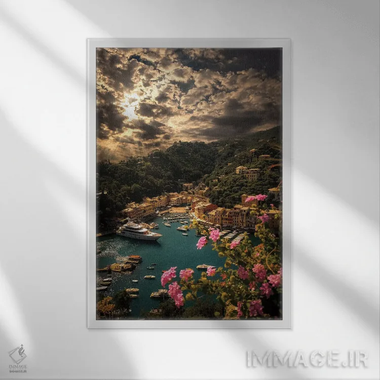 تابلو دکوراتیو نمای پانورامای پورتوفینو اثر انزو رومانو - نمای قابدار سفید