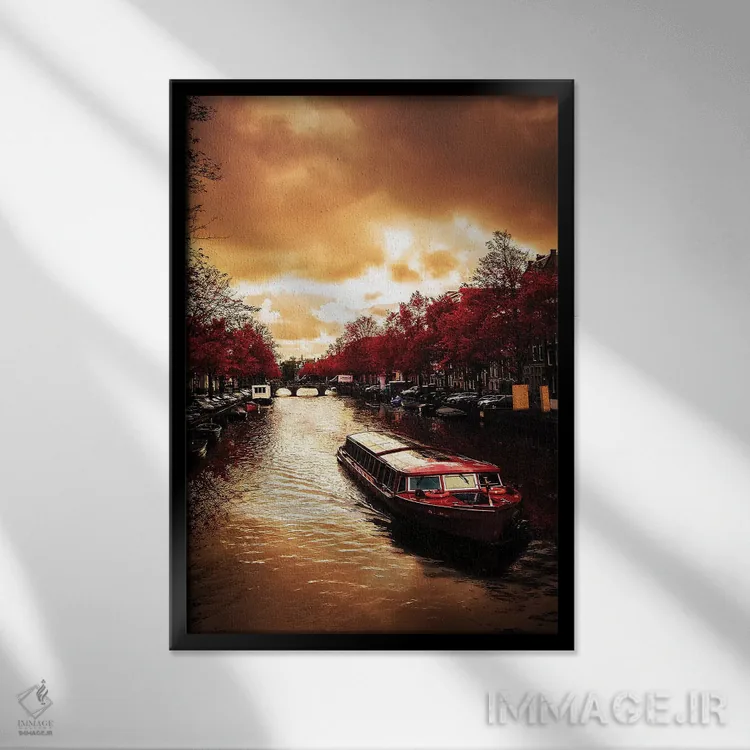 تابلو دکوراتیو برگ های قرمز در آمستردام اثر انزو رومانو - نمای قابدار مشکی