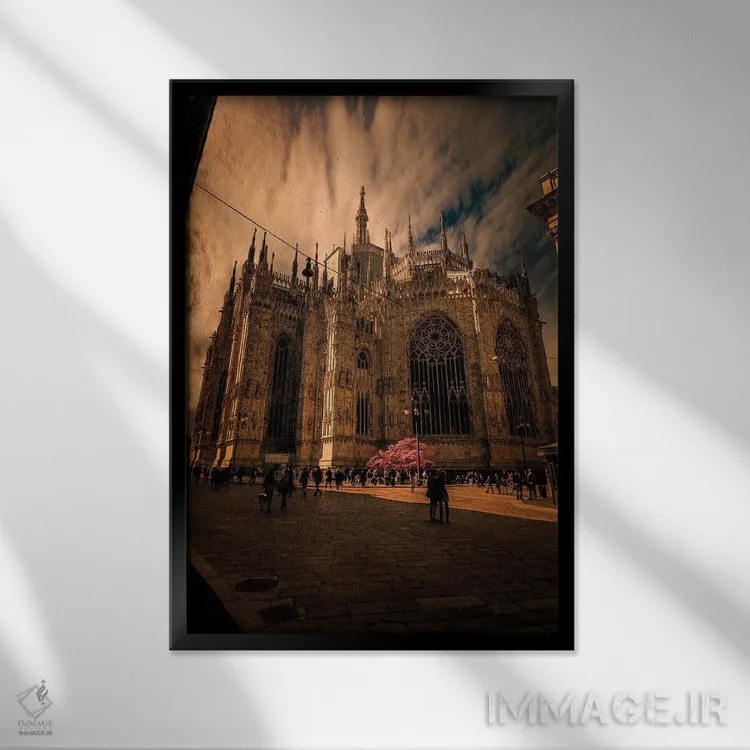 تابلو دکوراتیو کلیسای جامع میلان در بهار اثر انزو رومانو - نمای قابدار مشکی