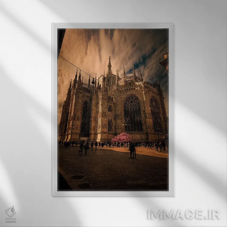 تابلو دکوراتیو کلیسای جامع میلان در بهار اثر انزو رومانو - نمای قابدار سفید