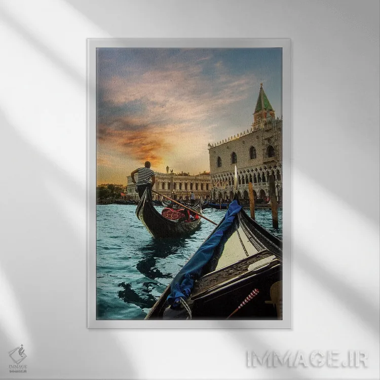 تابلو دکوراتیو قایق سواری گوندولا اثر انزو رومانو - نمای قابدار سفید