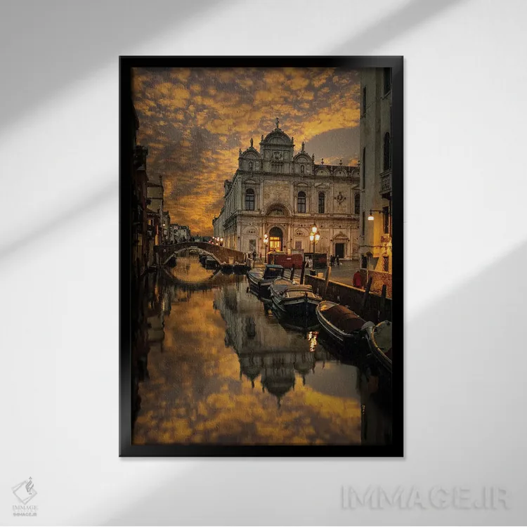 تابلو دکوراتیو روز بارانی در ونیز اثر انزو رومانو - نمای قابدار مشکی