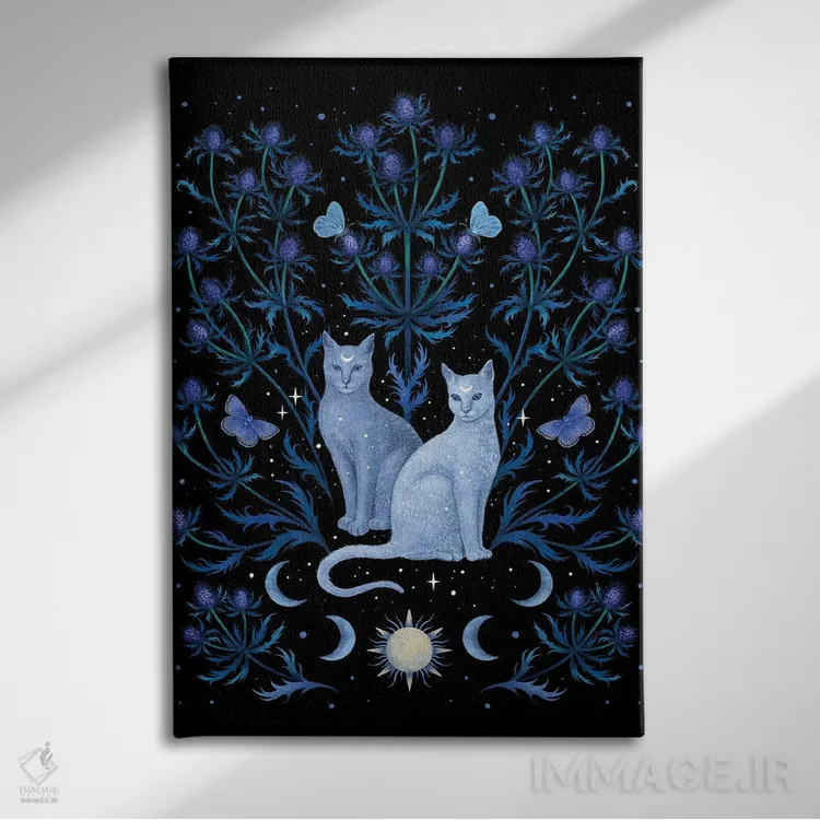 تابلو دکوراتیو خار آبی و گربه اثر اپیزودیک دراوینگ - نمای روبهرو روی دیوار
