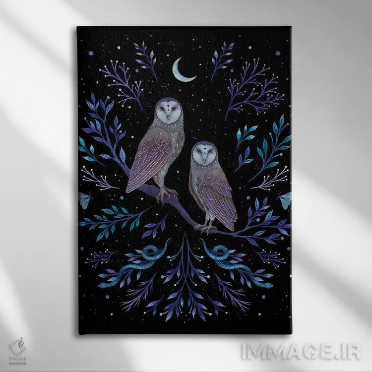 تابلو دکوراتیو جغدها در نور ماه اثر اپیزودیک دراوینگ - نمای روبهرو روی دیوار